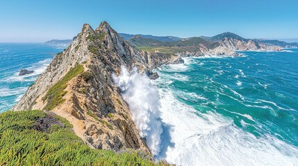 Coastal cliffs meet crashing waves