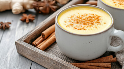 golden turmeric latte in ceramic mug, garnished with spices, evokes warmth