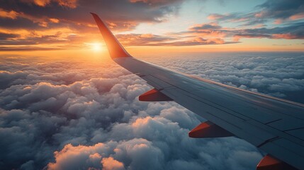 A perspective of a commercial aircraft's wing in flight, wide-angle with the horizon visible and soft clouds below, enhancing the sense of travel.
