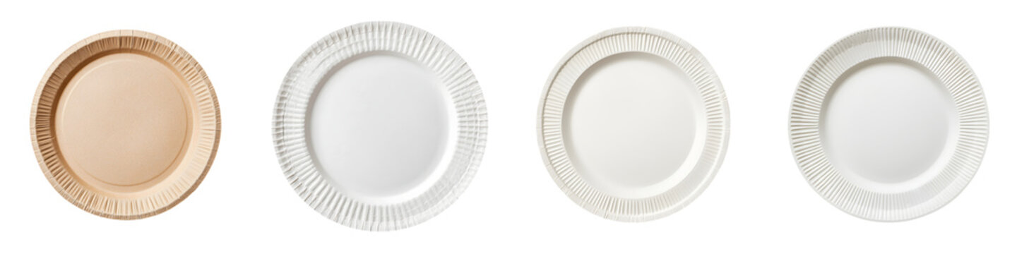 A collection of plain minimalist ceramic and paper plates and dishes in various neutral shades of white and beige stacked and arranged on a plain white background