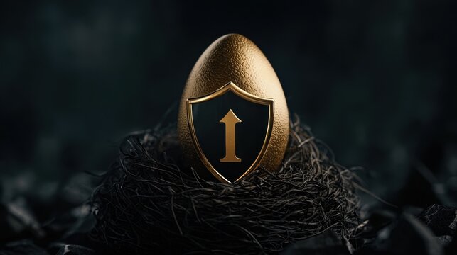 A golden egg resting in a secure nest, covered by a digital shield, symbolizing financial stability.