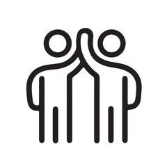 Outline icon two people give high-five or people together holding hands with their hands raised up. Friendly greeting, volunteers, teamwork, support. Vector illustration isolated on white background.