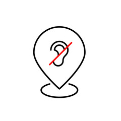 Map pointer with ear crossed out. Hearing impaired people facilities. Inclusive work or society place. Pixel perfect, editable stroke icon