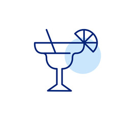 Tall glass for margarita or other spirit cocktails, straw and slice of lemon. Bar alcoholic drinks menu. Pixel perfect, editable stroke vector icon