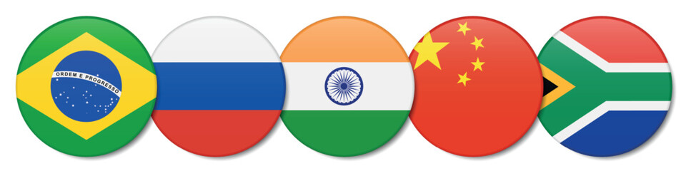 Round metal badges with flags of BRICS member countries. 3D realistic vector illustration