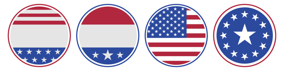 Round circle badge emblems with American flag design. Flat vector illustration isolated on white