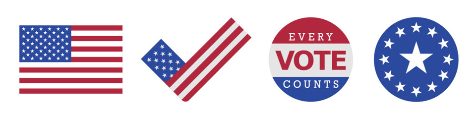 Flag, check mark, badge, round emblem. American emblem template. Flat vector illustration isolated on white background.