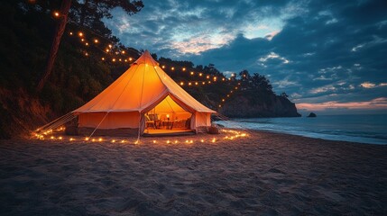 An enchanting tent beachside surrounded by string sparkling lights at dusk, with gentle waves lapping at the shore, perfect for gatherings cozy.