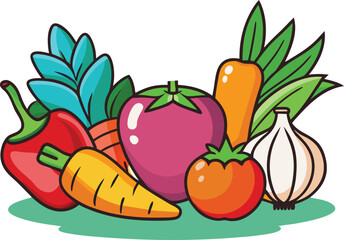 Colorful Vegetables and Herbs Vector Illustration, A vibrant vector illustration of various vegetables and herbs, including peppers, tomatoes, carrots, and garlic.
