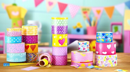 Colorful washi tapes stacked on wooden table, craft room background, party decor