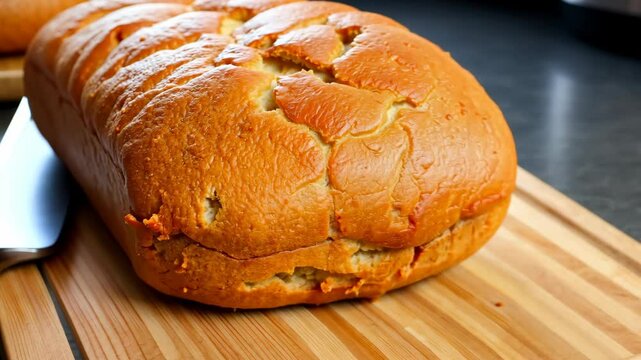 Golden Brown Loaf of Bread on Wooden Cutting Board Close Up