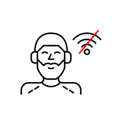 Man in headphones and no wi-fi symbol. Disconnected audio, podcast loading. Pixel perfect, editable stroke vector icon