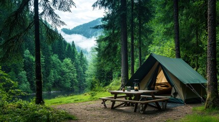 Camping lifestyle: tent pitched in tranquil forest, wooden table nearby for outdoor dining.