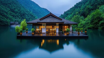 Obraz premium Tranquil Floating House Surrounded by Lush Green Mountains and Serene Water Reflection at Dusk