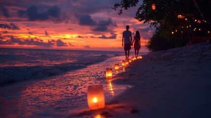 Fototapeta premium Romantic Sunset Walk on Beach with Lanterns and Colorful Sky
