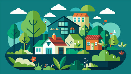 An ecofriendly housing community is developed using data on local flora and fauna ensuring the preservation of natural habitats and green spaces within the neighborhood.. Vector illustration