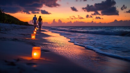 Fototapeta premium Romantic Evening Stroll on Beach at Sunset with Lantern Lights