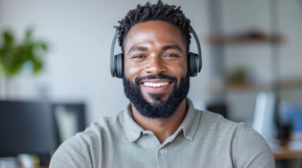 Fototapeta premium smiling man wearing headphones in modern office setting