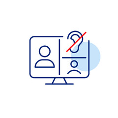 Video conference on computer monitor and user with ear crossed out with red line. Audio playback off, silent meeting mode. Hearing impaired or deaf members. Pixel perfect, editable stroke vector icon
