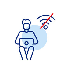 Man working on laptop and no wi-fi symbol. Going offline, communication broken, internet outage. Pixel perfect, editable stroke vector icon