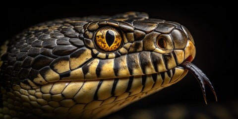 Fototapeta premium Close-up view of a striking snake highlighting its scales and unique eye features in natural light