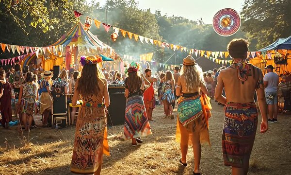 Colorful festival scene with people dancing in vibrant attire amidst decorations and tents