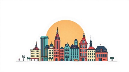 Obraz premium Flat vector illustration of a vibrant European city skyline at sunset with colorful historic buildings and modern skyscrapers, combining tradition and contemporary urban life.