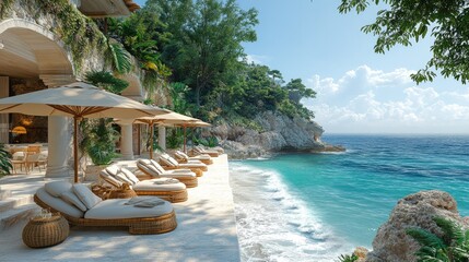 A vacation retreat showcasing elegant umbrellas and plush sun loungers on a terrace, with the rhythmic waves of the sea in the foreground, is opulent.