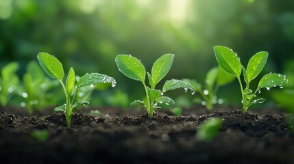 Closeup of fresh green saplings bathed in warm sunlight, symbolizing growth, renewal, and environmental care with dewdrops on leaves.