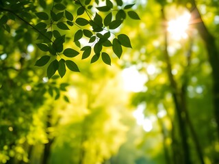 Lush Green Forest Canopy with Sunlight, Leaves, Nature Background, Woods, Outdoor, Bright, Summer, Environment, Scenery.