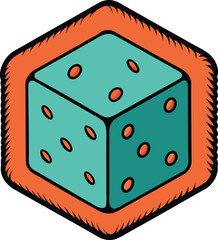 Dice Vector in Hexagonal Frame Design, Vector illustration of a teal dice with orange dots inside a hexagonal frame, featuring bold lines and colors.
