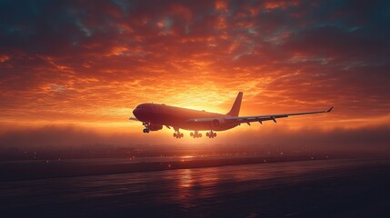 Silhouetted against a soft sunrise, capture the early morning takeoff of a large freight aircraft, signifying the start of a busy logistics day.