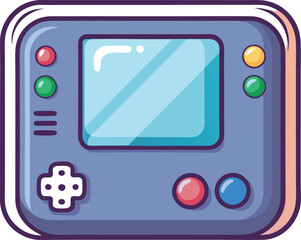 Cartoon handheld gaming console with colorful buttons, A playful illustration of a handheld gaming console with colorful buttons and a sleek design, perfect for gaming visuals.
