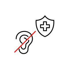 Ear crossed and health insurance shield with cross. Hearing loss treatment by audiologist or otolaryngologist. Pixel perfect, editable stroke vector icon
