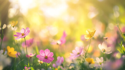 Fototapeta premium Beautiful nature at morning in the flower garden, spring meadow with wildflowers scattered across the soft grass and flowers with bokeh effect, nature background. Serene fog, wildflower parade.