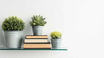Fototapeta premium Serene Home Decor: Plants, Books, and Glass Shelf Arrangement