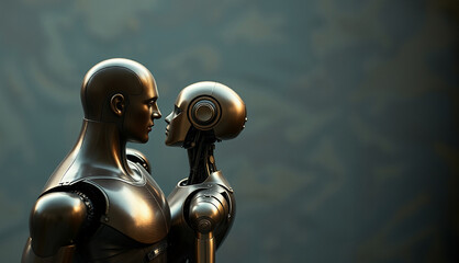 Futuristic humanoid robots gazing at each other in an intimate moment against a softly lit background, evoking themes of artificial intelligence, connection, and robotic emotions.

