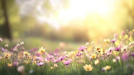 Beautiful nature at morning in the flower garden,  spring meadow with wildflowers scattered across the soft grass and flowers with bokeh effect, nature background. Serene fog, wildflower parade.