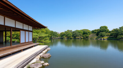 Fototapeta premium serene view of traditional Japanese pavilion by calm lake, surrounded by lush greenery