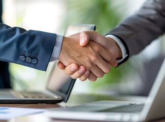 Handshake between two businessmen after a successful deal to write a contract and highlight the friendly handshake at a meeting in the office. A happy, 