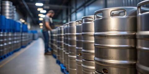 Workers prepare kegs for distribution in a brewery warehouse during the afternoon shift in a large industrial facility