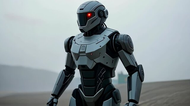  Robot in a hazy environment with industrial structures in the background