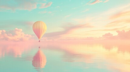 Obraz premium Calm sunset hot air balloon sea reflection