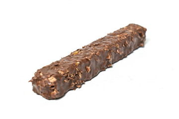 Close up view of chocolate bar filled with wafer isolated on white background. Wafer chocolate caramel. Clipping path.
