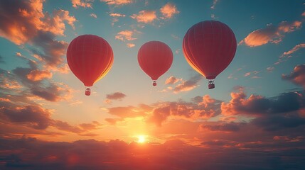 Fototapeta premium At sunset, dramatic clouds serve as a backdrop to balloons rising, creating a cinematic moment that evokes feelings of celebration and joy.