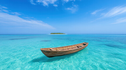 Naklejka premium small wooden fishing boat anchored in clear turquoise water, serene and peaceful