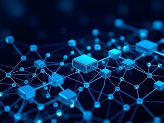 Abstract Blockchain Network Digital Technology, Data Connectivity, Modern, Blue Cubes, Cryptocurrency, Cyber Security.