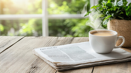 warm cup of coffee beside newspaper on wooden table, with greenery in background