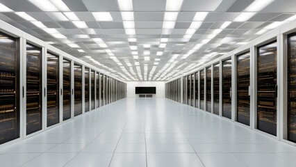 A dimly lit data center corridor lined with tall server racks,
