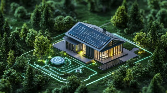 Eco-friendly house equipped with solar panels and a smart energy hub, promoting green and renewable energy.